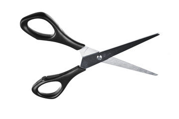 Modern metal scissors on a white background..