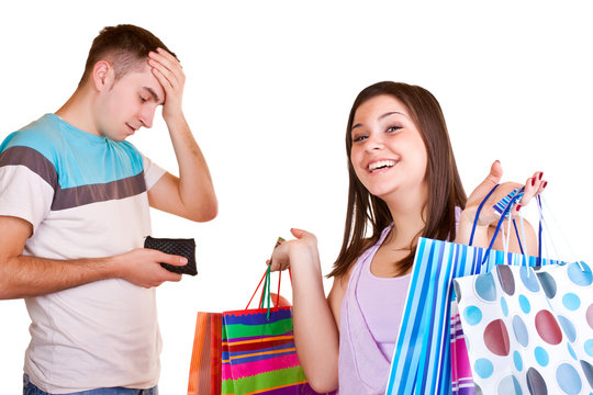 Man With Wallet And Girl With Bags