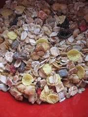Muesli mix in the red bowl