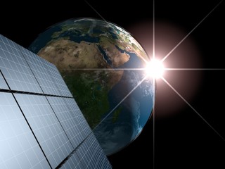 Solar panel against Earth with sunrise. Concept - echo energy.
