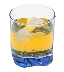 Single malt whiskey with ice cube isolated on white
