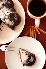 chocolate cake with icing sugar