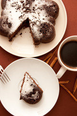 chocolate cake with icing sugar