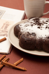 chocolate cake with icing sugar