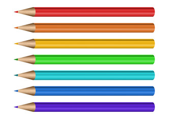 Different color pencils arranged in line on white background