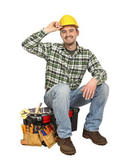 happy worker on toolbox