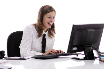Close-up face of smiling woman in headphones