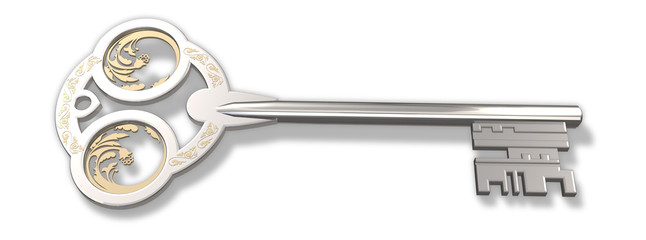 Silver key with a golden ornament isolated on a white background