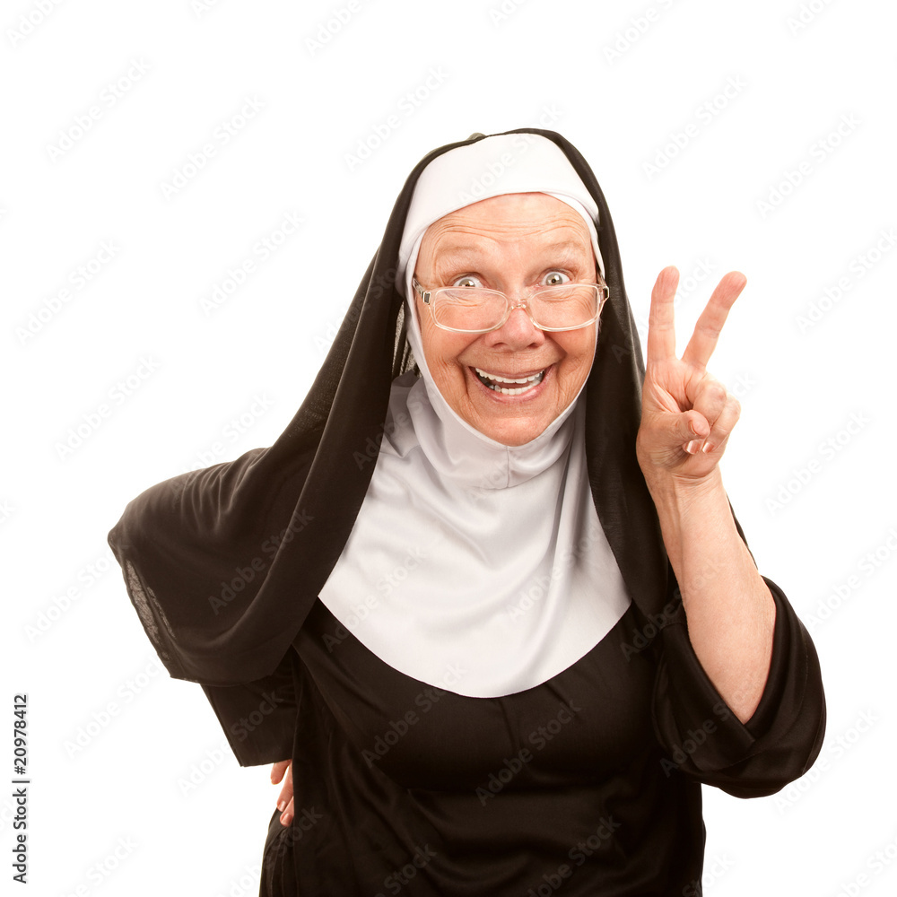 Wall mural Funny nun making peace sign