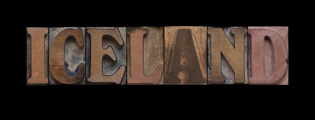 the word Iceland in old letterpress wood type