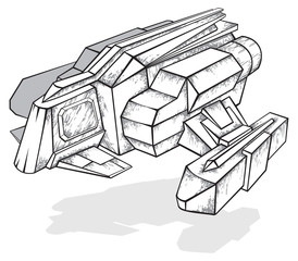 Black and white drawing of spaceship, vector illustration