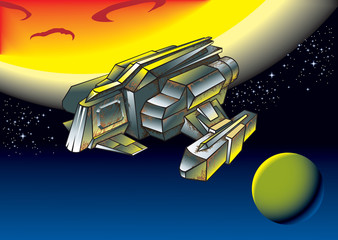 Vaisseau spatial entre deux planètes, illustration vectorielle