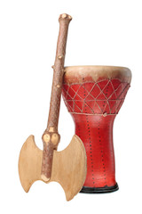 African drum and a wooden axe