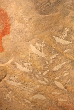 Prehistoric hunting and fishing paint background