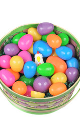 Fototapeta na wymiar Easter basket with colored eggs and hen