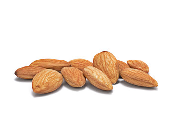 A pile of shelled almond nuts isolated against white background.