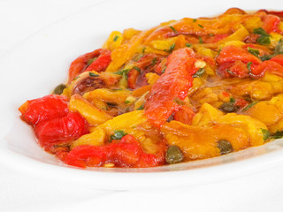 Roasted Bell Pepper Salad on white dish.