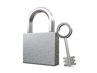 Closed padlock and key isolated on white background
