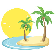 Tropical island with birds, sun and palm trees in vector