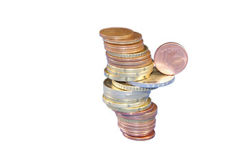 Coins laid out in a column, the blue fabric