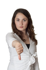 Young woman gesturing thumbs down