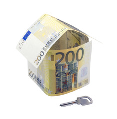 Two hundred euro house and a key isolated on a white