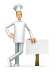 Chef stands beside the blank board