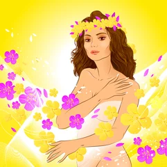 Photo sur Plexiglas Femme fleurs Jeune fille avec des fleurs sur fond jaune.