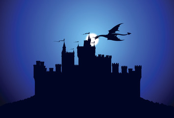 Dragon over the medieval castle