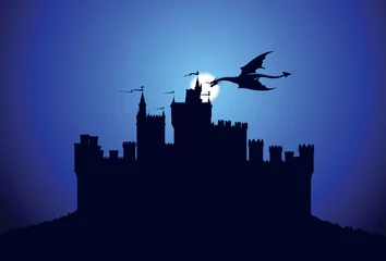 Deurstickers Draken Draak over het middeleeuwse kasteel