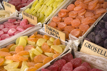 Candy jelly fruit on display in boxes