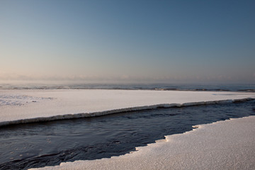 Ice river and sea on background