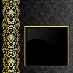 Black background with flowers and leaves and gold frame.