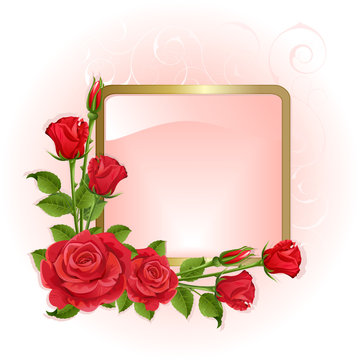 Pink background with red roses and gold frame.