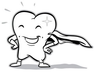 vector happy superhero tooth (black and white)