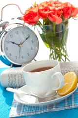breakfast table and alarm clock