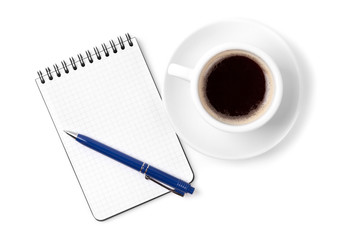 Obraz na płótnie Canvas Blank organizer with pen and espresso cup