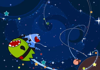 Photo sur Plexiglas Cosmos Deux extraterrestres mignons courent à travers l& 39 espace ouvert