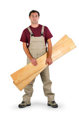 Poseur de parquet flottant sur fond blanc