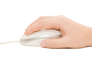 Hand with a computer mouse isolated on white
