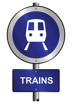 Train graphic and text information sign mounted on post