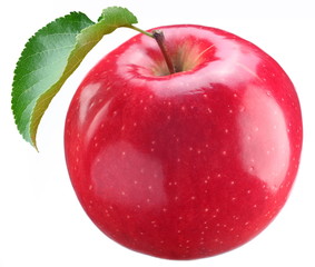 Red apple with leaf on a white background