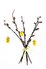 Easter simbol yellow eggs hanging on the willow