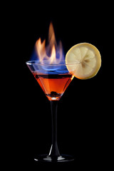 Flaming cocktail over black