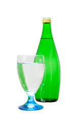 green bottle and glass of water