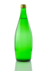 A bottle of mineral water reflected on white background