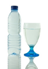 Bottle and glass of mineral water reflected on white background