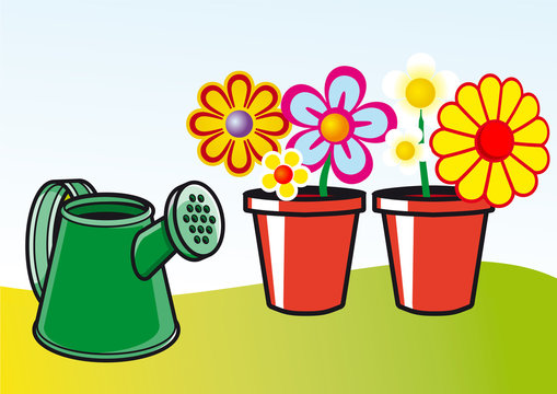 macetas con flores y regadera