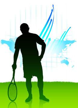 Tennis Player on World Map Background