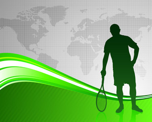 Tennis Player on Green Abstract Background with World Map